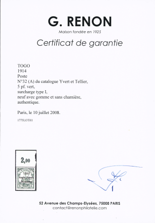 N° 32 surcharge I, bdf, **, TTB