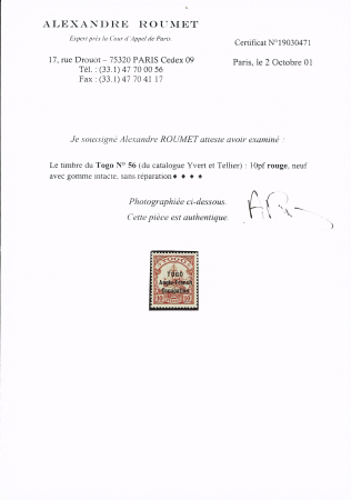 N° 56 10pf rouge, **, TTB. Signé JF.Brun