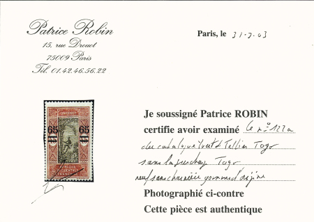 N° 122a, variété sans la surcharge TOGO, infime