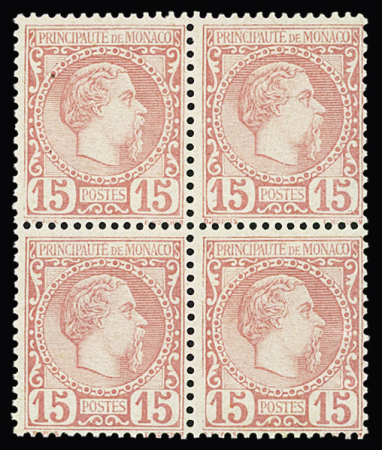 N° 5 15c. rose, en bloc de 4 neuf sans trace de charnière,
