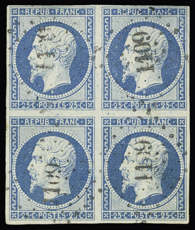 N° 10 25c bleu, en bande de 4 obl. PC 2481 de Poitiers