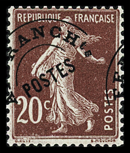 N°54 20c. lilas-brun, variété surcharge déplacé,