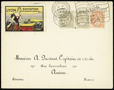 N°107 en paire + 109 OBL mécanique "Lyon exposition Rhône" (8.7.1914) avec flamme "Exposition 1914 Lyon" + vignette en couleurs de l'exposition internationale de Lyon 1914 sur imprimé, beaucoup plus rare sur lettre q