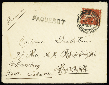 N°138 OBL grand CAD "Colombo" (1908) + griffe "Paquebot" sur lettre, jolie pièce.