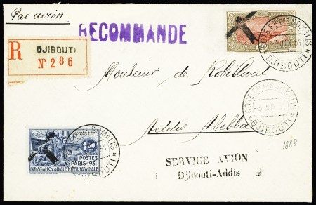 Côte des Somalis n°97 + 140 surchargés petit avion stylisé OBL Djibouti (3.6.1931) sur lettre recommandée avec griffe "Service avion Djibouti-Addis" (4ème service - avion) (Muller n°4). TB