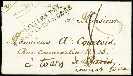 Lettre (provenance probable USA) pour Paris, avec MP d'entrée maritime "Colonies par St Martin Isle de Ré" (1817), ind 19, RR et TB