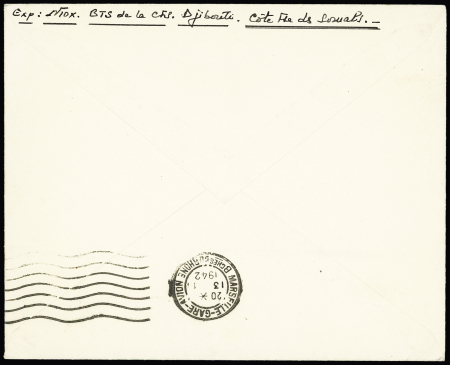 Lettre en franchise avec CAD de Djibouti (3.1.42) et griffe noire "Services aériens spéciaux pendant le blocus de Djibouti" pour Perpignan avec arrivée Marseille gare avion (13.1.42)