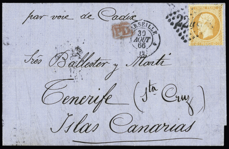 N°23 OBL GC 2240 + T15 "3 Marseille 3 (12)" (1866) sur lettre pour Santa Cruz de Ténérife (Canaries) avec arrivée. TB