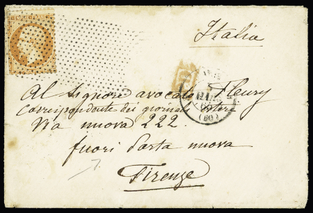 N°23 (dents coupées à gauche) OBL roulette de pointillés + CAD de Paris (1865) sur lettre pour Florence (Italie) avec arrivée au verso. TB
