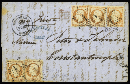 N°23, bande de 3 + 2 pièces OBL étoile 4 + CAD "Paris R. d'Enghien" (1863) sur lettre pour Constantinople, déchirure affectant un timbre