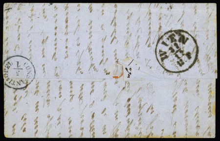 N°23, bande de 3 + 2 pièces OBL étoile 4 + CAD "Paris R. d'Enghien" (1863) sur lettre pour Constantinople, déchirure affectant un timbre