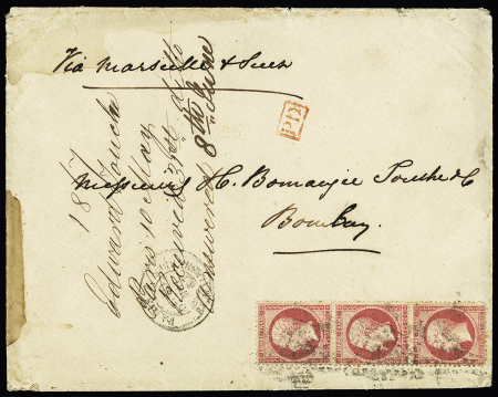N°24, 80c rose, bande de 3 verticale OBL étoile 3 + CAD "Paris Bd Malesherbes" (1867) sur lettre pour Bombay. TB