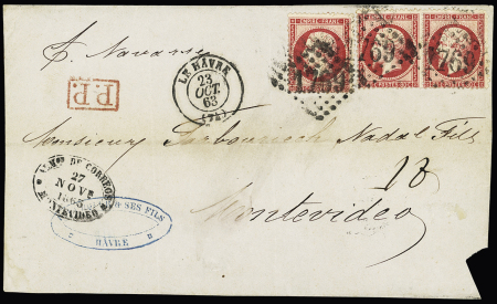 N°24, paire + 1 pièce OBL GC 1769 + T15 Le Havre (1863) + "PP" rouge encadré sur devant de lettre pour Montevidéo avec CAD ovale d'arrivée au recto. TB