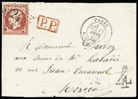 N°24 OBL étoile 24 + CAD "Paris R. de Cléry" (1865) + "PP" rouge encadré sur devant de lettre avec taxe 4 mexicaine au tampon. TB