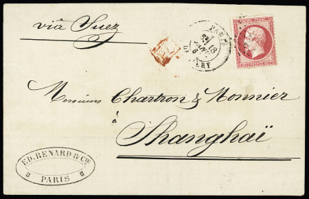 N°24 OBL étoile 24 + CAD "Paris R. de Cléry" (1867) sur lettre pour Shanghaï. TB