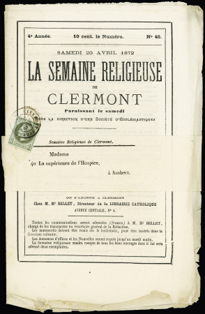 N°25, 1c olive OBL CAD T17 "Clermont-Ferrand" (1872) sur journal "La semaine religieuse de Clermont Ferrand" sous bande pour Ambert. TB