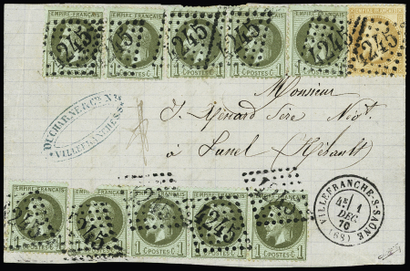 N°25, 10 pièces + n°28 OBL GC 4245 + T17 Villefranche-s-Saone (68)" (1870) sur lettre. TB
