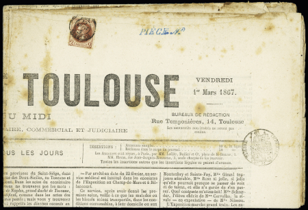 N°26, 2c brun-rouge, OBL CAD T15 "Toulouse (30)" (1867) sur journal "Messager de Toulouse" avec timbre fiscal humide "timbre impérial 5 cent". TB