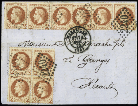 N°26, 2 bandes de 3 + bloc de 4 OBL GC 2240 + T17 "Marseille (12)" (1870) sur devant de lettre - certificat Soluphil (Goebel). TB