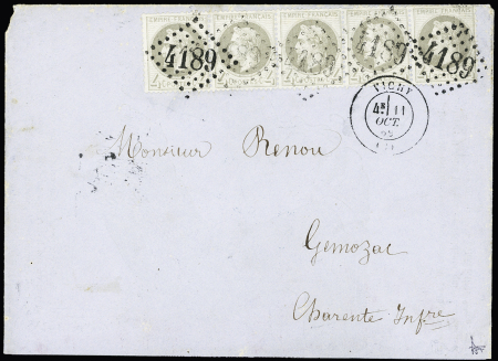 N°27, 4c gris, bande de 5 OBL GC 4189 + T17 Vichy (1869) sur lettre. TB