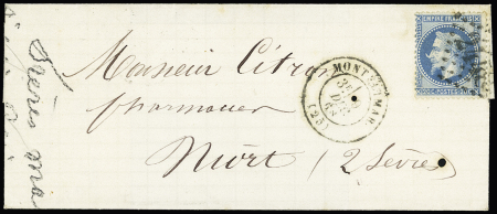 N°29 Bb, variété "à la corne" OBL GC 2448 + T17 "Montélimar (25)" (1868) sur lettre. TB