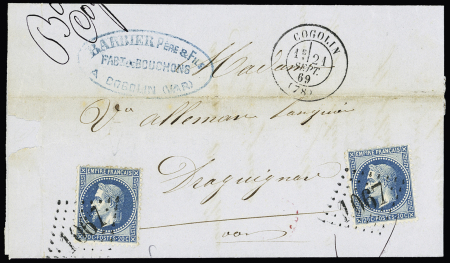 N°29 Bc, variété "aux abeilles" + un exemplaire normal OBL GC 1067 + T17 "Cogolin (78)" (1869) sur lettre pour Draguignan. TB, cote 450€