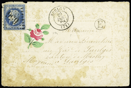 N°29 OBL GC 656 + T17 "Brulon (71)" (1869) sur enveloppe gaufrée "Valentine" illustrée d'une rose