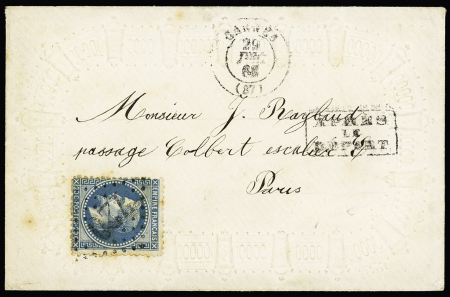 N°29 OBL GC 720 + T15 "Cannes (87)" (1868) + "après le départ" encadré sur enveloppe gaufrée "Valentine". Belle pièce