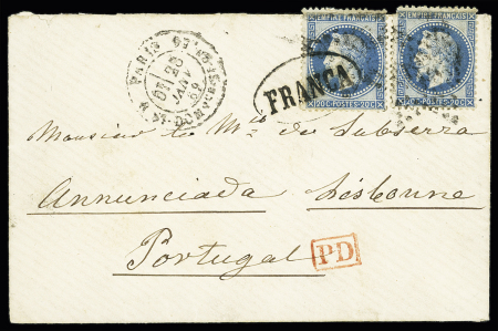N°29, 2 pièces OBL étoile 20 + CAD "Paris St Domque St Gn 56" (1869) sur lettre pour le Portugal avec au recto marque ovale noire "Franca" et au verso arrivée Lisbonne. TB