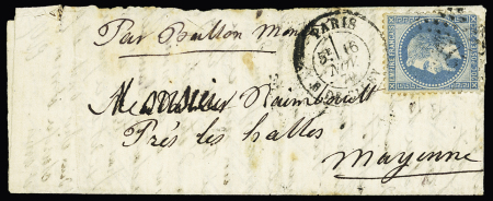 N°29 (LD) OBL étoile 24 + CAD "Paris R. de Cléry" (16 nov 70) sur ballon monté pour Mayenne avec arrivée 25 nov 70 (le général Uhrich). TB