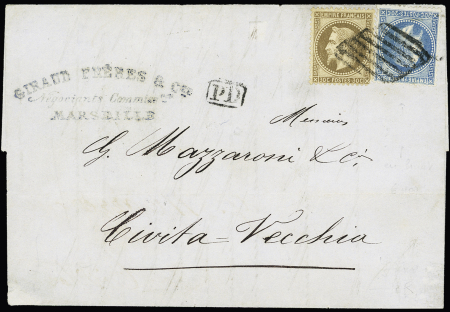 N°29 + 30 OBL grille italienne de Civita-Vecchia sur lettre de Marseille pour Civita Vecchia avec arrivée au verso (1870). TB
