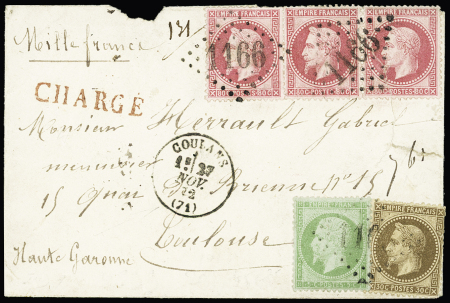 N°20 + 30 + 32, 3 pièces, OBL GC 1166 + T16 "Coulans (71)" (1872) sur une petite lettre chargée (VD 1000F). TB