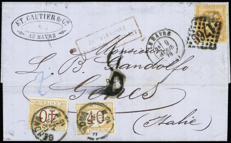 N°31, 40c orange OBL GC 1769 + T17 Le Havre (1870) sur lettre pour Gênes avec Italie timbre-taxe n°9, 2 pièces '1 ex def) OBL Genova. TB