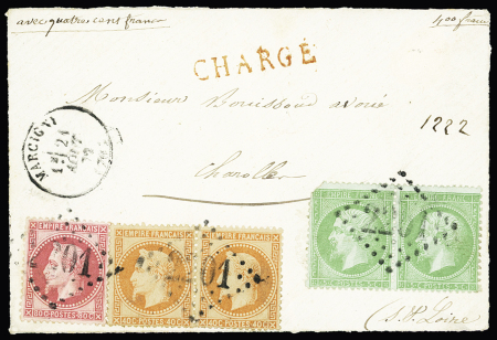 N°35 en paire (1 ex def) + 31 en paire + 32 OBL GC 2201 + T16 "Marcigny (70)" (1872) sur devant de lettre chargée (VD 400F), bel AFF tricolore