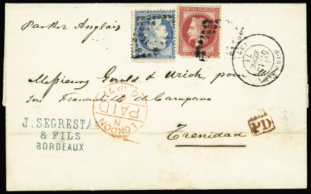 N°32 (LD d'angle) = n°37 OBL GC 532 + T17 "Bordeaux (32)" (1871) sur lettre pour Trinidad avec arrivée 6 oct 71. TB
