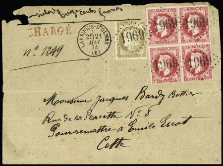 N°30 + 32 en bloc de 4 OBL GC 1969 + T16 Larroque d'Olmes (8)" (1874) sur devant de lettre chargée (VD 1300F) avec verso partiel (arrivée T17 Cette 22 mai 74). TB