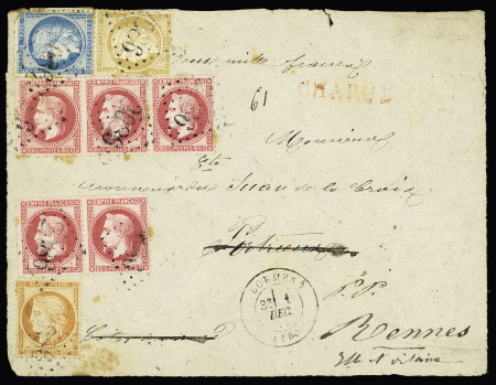 N°32, bande de 3 + paire + 37 + 38 + 59 OBL GC 3086 + T17 "Lormes (56)" (1872) sur devant de lettre chargée (VD 2000F), AFF quadricolore