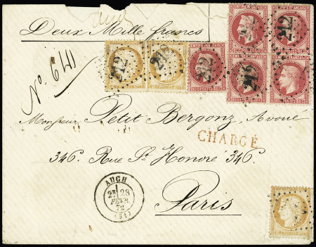 N°32, 5 pièces + 38, 3 pièces, OBL GC 212 + T17 "Auch (31)" (1872) sur lettre chargée (VD 2000F). AFF spectaculaire. TB