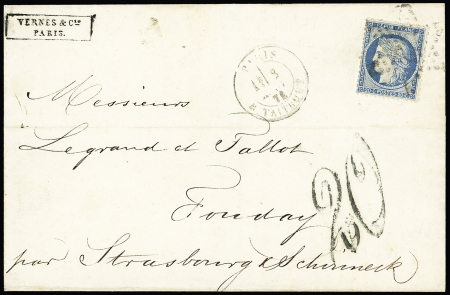 N°37, 20c bleu, OBL étoile 22 + CAD "Paris R. Taitbout" (1871) sur lettre pour Fouday (Bas-Rhin) avec taxe allemande 20 tampon façon manuscrite. TB