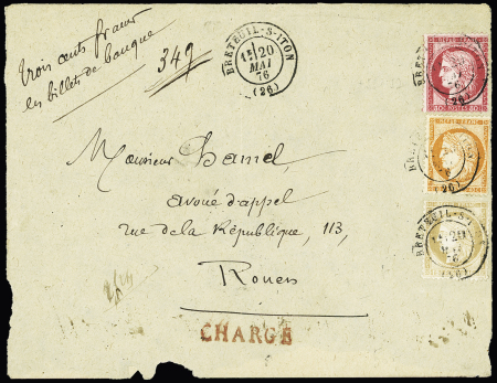 N°38 + 55 + 57 OBL T17 "Breteuil-s-Iton (26)" (1876) sur devant de lettre chargée (VD 300F) pour Rouen, AFF tricolore. TB