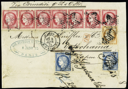 N°38 + 57, 7 pièces + 60, 2 ièces OBL étoile 4 + CAD "Paris R. d'Enghien" (1875) sur devant de lettre chargée pour Yokohama. TB