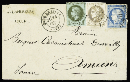 N°25 + 41B, 4c Bordeaux gris + 37 OBL GC 2046 + T17 "Gare de Lille (57)" (24 sept 71) sur devant de lettre pour Amiens. TB