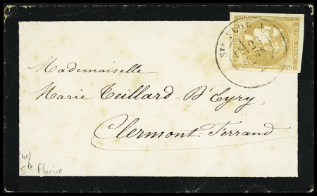 N°43, 10c bistre, OBL CAD T17 "Ste Florine (41)" (1871) sur une petite enveloppe de deuil pour Clermont Ferrand. TB