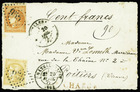 N°43 + 48OBL GC 55 + T17 "Chatellerault (80)" (1871) sur devant de lettre chargée (VD 100F) pour Poitiers, les timbres sont touchés mais aspect TB