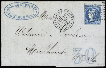 N°46 OBL GC 4245 + T17 "Villefranche-s-Saône (68)" (1871) sur lettre pour Mulhouse avec taxe allemande 30 double-trait en bleu. Jolie pièce, signé Calves