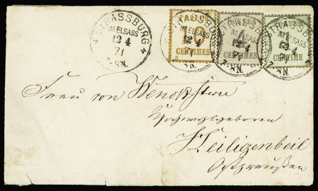 Alsace-Lorraine n°1 + 3 + 5 OBL CAD "Strassburg im Elsass" (12.4.71) sur lettre pour Heilingenbeil (Allemagne), AFF tricolore. TB