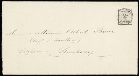 Alsace-Lorraine n°3, 4c gris OBL Rohbach (1871) seul sur faire-part de mariage daté de Strasbourg. TB, cote 750€