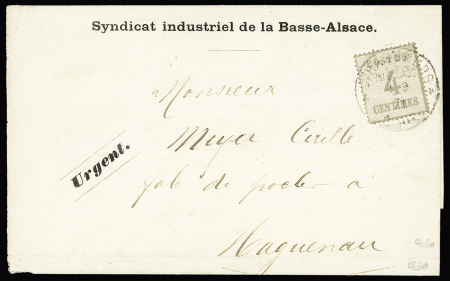 Alsace-Lorraine n°3, OBL CAD "Strassburg im Elsass" (1871) seul sur imprimé à en-tête "Syndicat industriel de la Basse-Alsace" pour Haguenau, signé Calves. TB, cote 750€