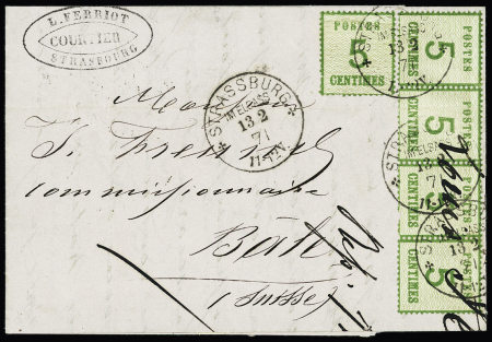 Alsace-Lorraine n°4, 5c vert-jaune, bande de 4 + 1 pièce OBL CAD "Strassburg im Elsass" (13.2.71) sur lettre pour Bâle (Suisse. TB