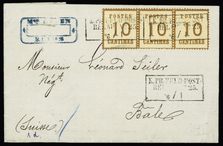 Alsace-Lorraine n°5, bande de 3 OBL CAD rectangulaire "K. PR. Feld-post relais n°25" (25.1.71) sur lettre de Reims pour Bâle (Suisse). TB